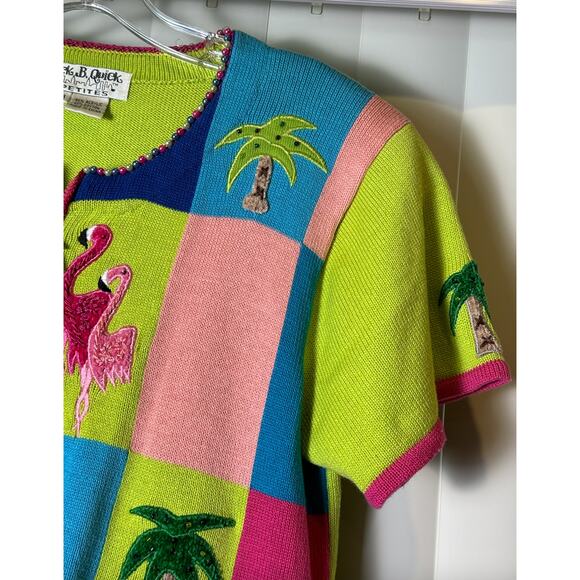 Vintage Jack B Quick Cardigan Sweater Flamingos & Palm Trees Short Sleeve ZipUp - Picture 5 of 16